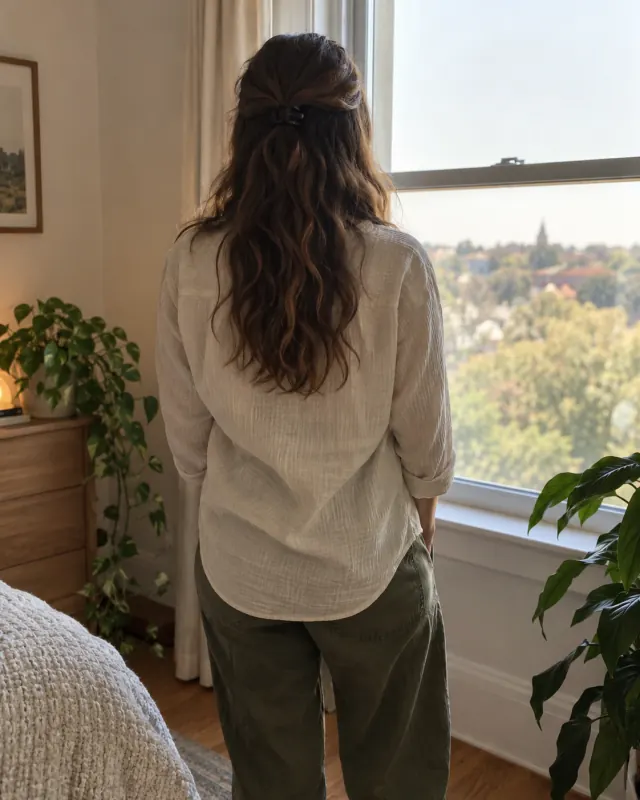 Illustrative adult in a cream shirt facing a sunlit window