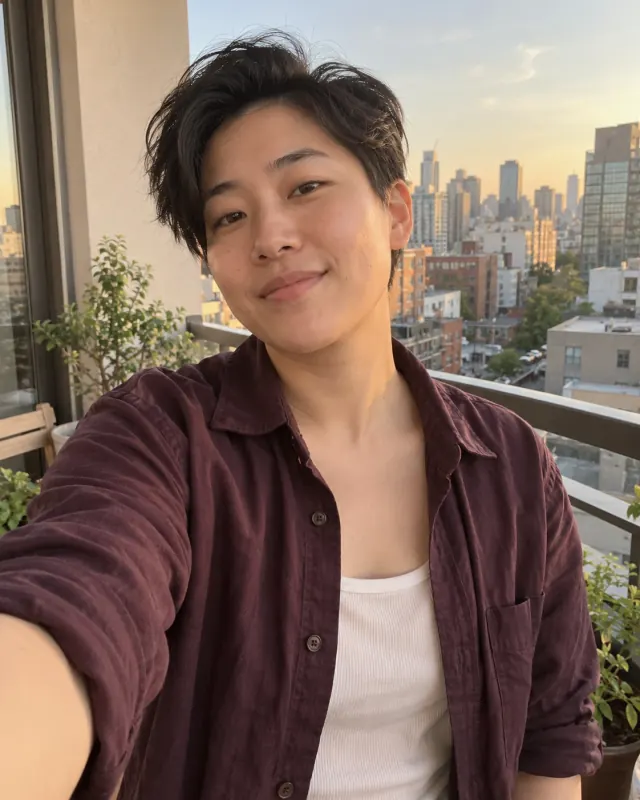 Illustrative non-binary adult in a plum overshirt on a balcony